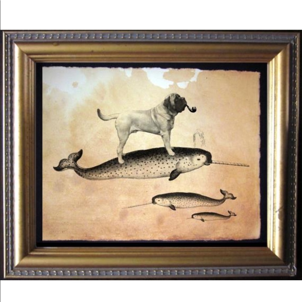 Mastiff Dog Riding Narwhal Art Print Tea Stained